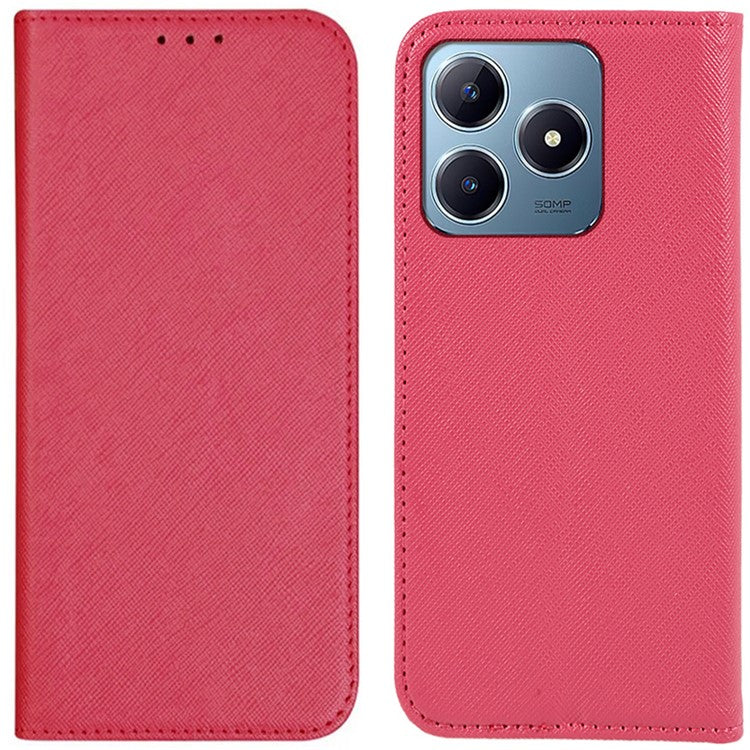 For Realme C63 4G Case Leather Strong Magnetic Closure Phone Cover Cross Texture - Pink