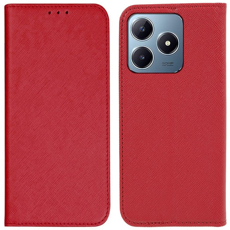 For Realme C63 4G Case Leather Strong Magnetic Closure Phone Cover Cross Texture - Red