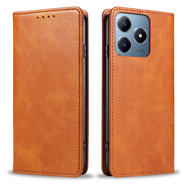 For Realme C63 4G Case Leather Calf Texture Phone Cover Stand Magnetic Closure - Khaki