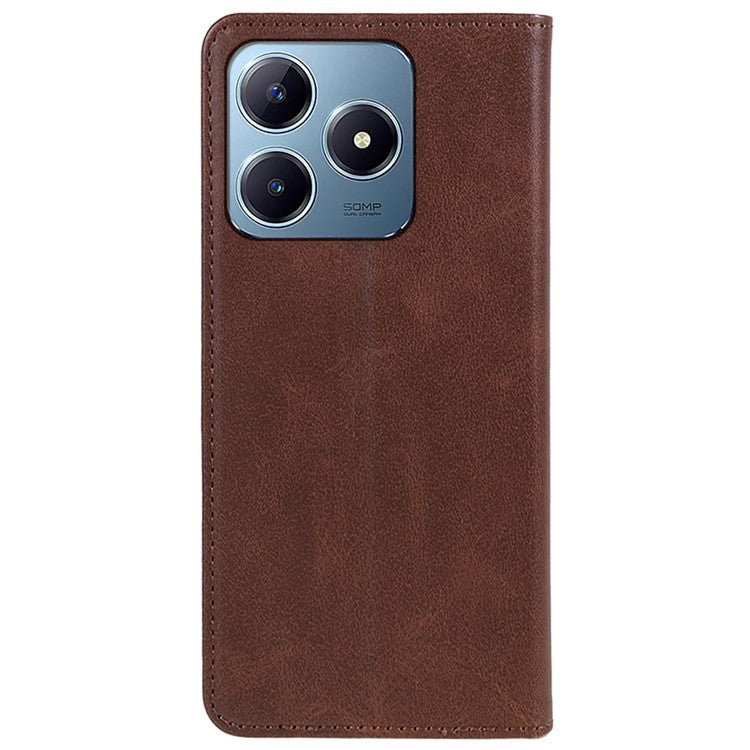 For Realme C63 4G Case Leather Calf Texture Phone Cover Stand Magnetic Closure - Brown