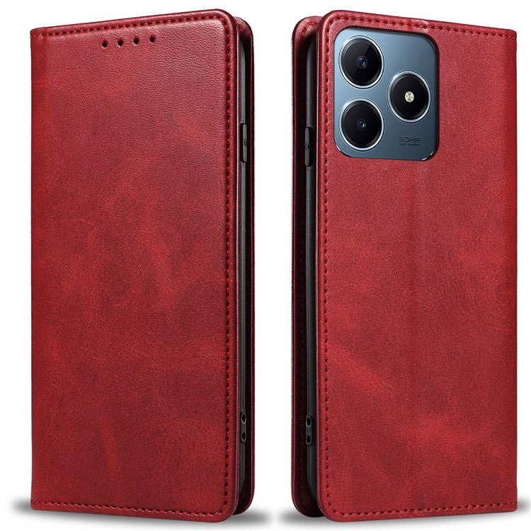 For Realme C63 4G Case Leather Calf Texture Phone Cover Stand Magnetic Closure - Red