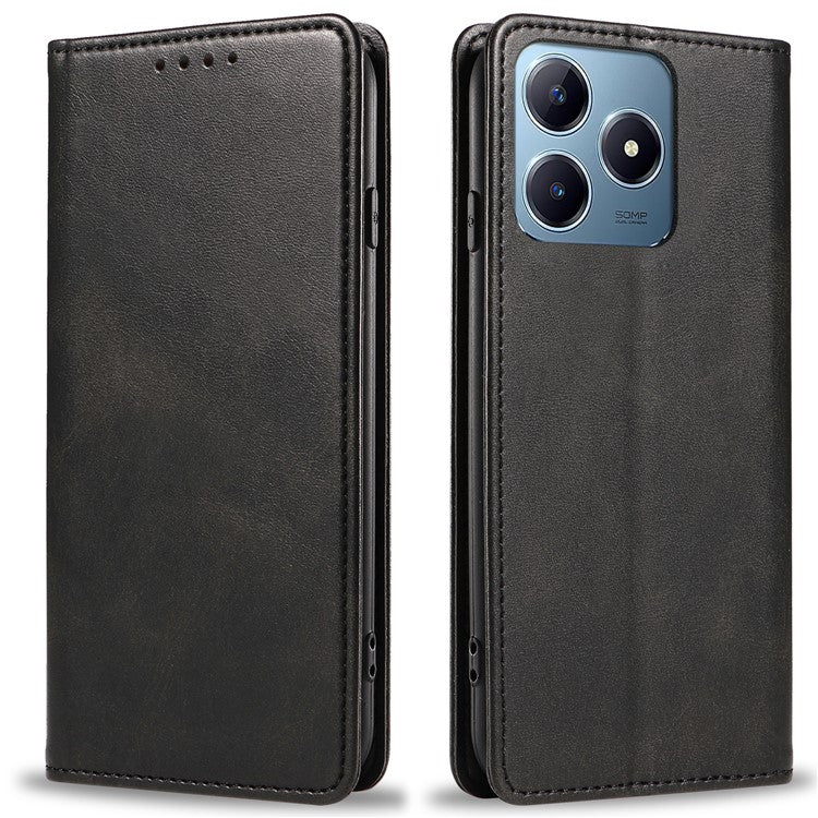 For Realme C63 4G Case Leather Calf Texture Phone Cover Stand Magnetic Closure - Black