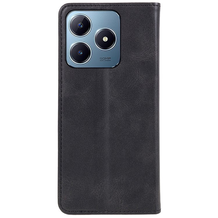 For Realme C63 4G Case Leather Calf Texture Phone Cover Stand Magnetic Closure - Black