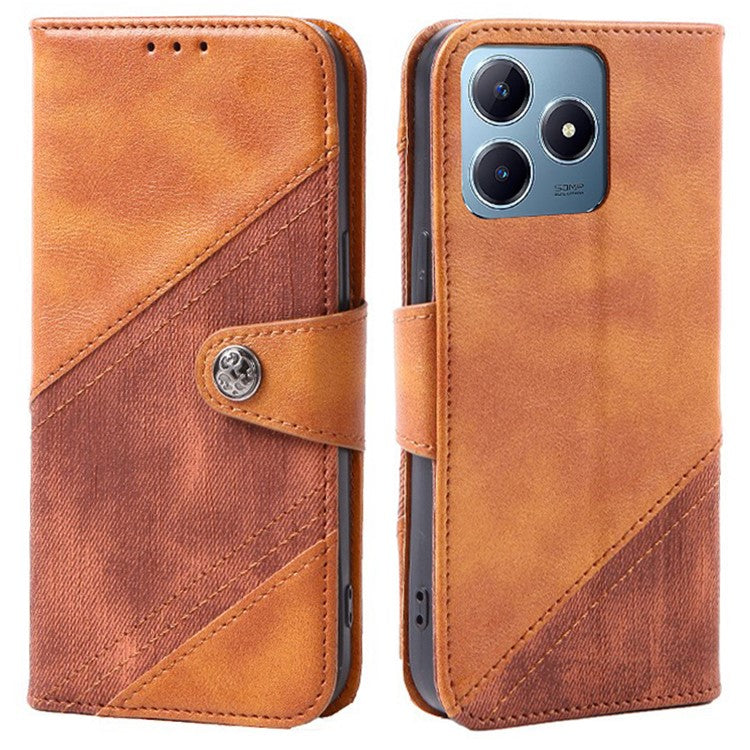 For Realme C63 4G Case Texture Splicing Leather Flip Phone Cover - Brown