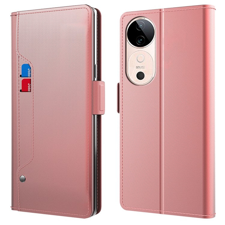 For vivo S19 Pro 5G Case Card Slot PU Leather Phone Cover Inside Makeup Mirror - Rose Gold