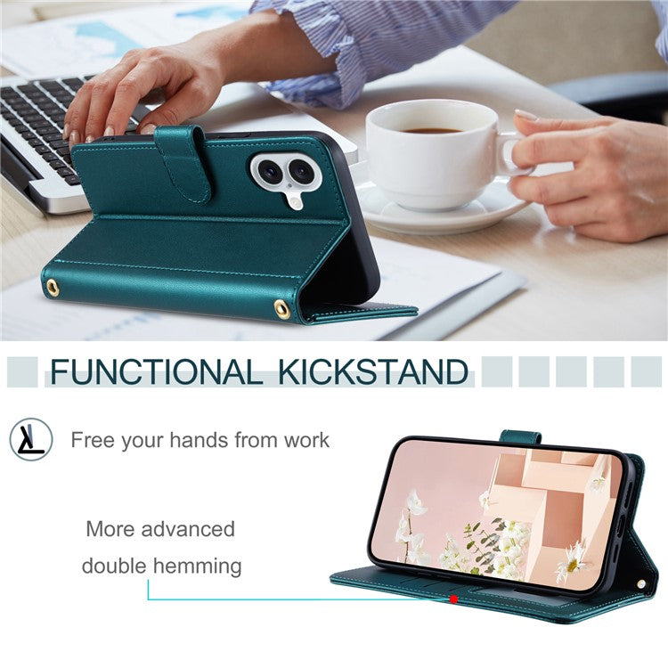 For iPhone 16 Case Rhombus Grid Leather Phone Cover with 2 Straps - Green