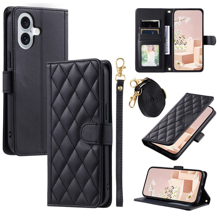 For iPhone 16 Case Rhombus Grid Leather Phone Cover with 2 Straps - Black