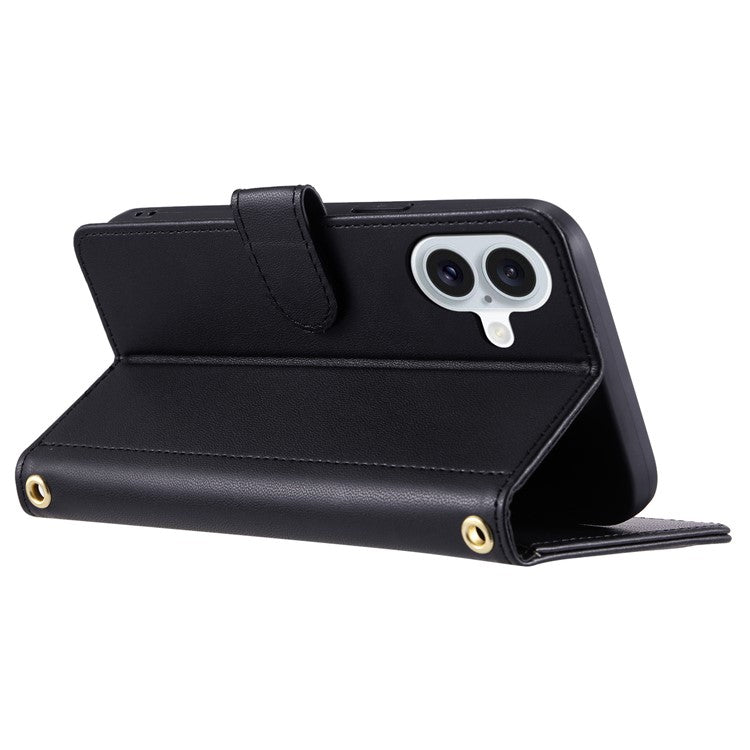 For iPhone 16 Case Rhombus Grid Leather Phone Cover with 2 Straps - Black