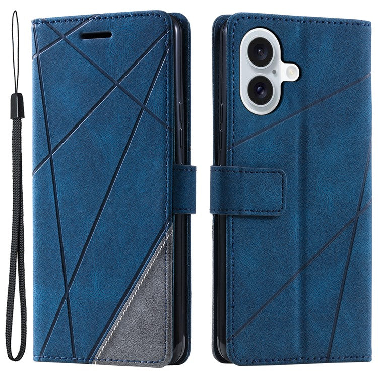 For iPhone 16 Case Imprinted Lines PU Leather Wallet Splicing Phone Cover - Blue