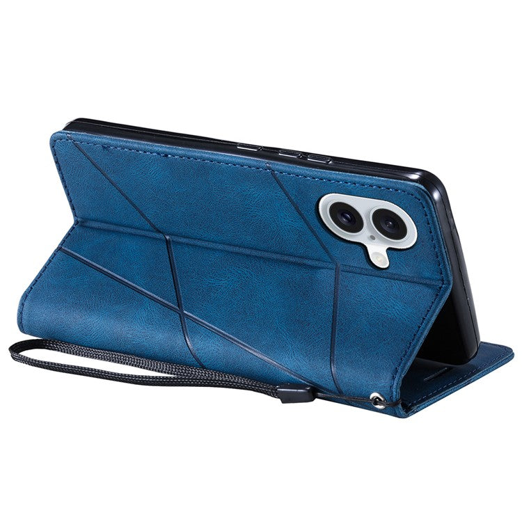 For iPhone 16 Case Imprinted Lines PU Leather Wallet Splicing Phone Cover - Blue