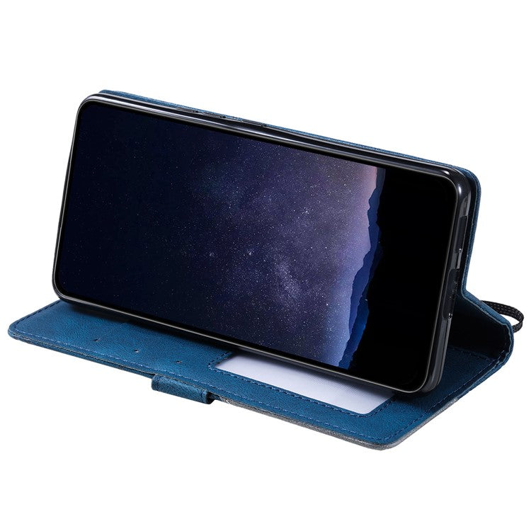 For iPhone 16 Case Imprinted Lines PU Leather Wallet Splicing Phone Cover - Blue