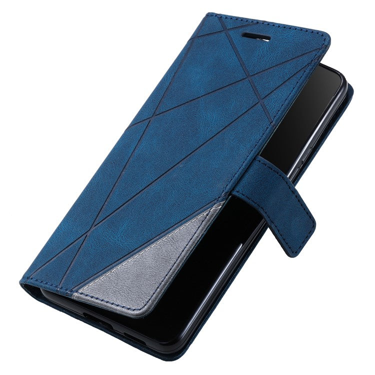 For iPhone 16 Case Imprinted Lines PU Leather Wallet Splicing Phone Cover - Blue