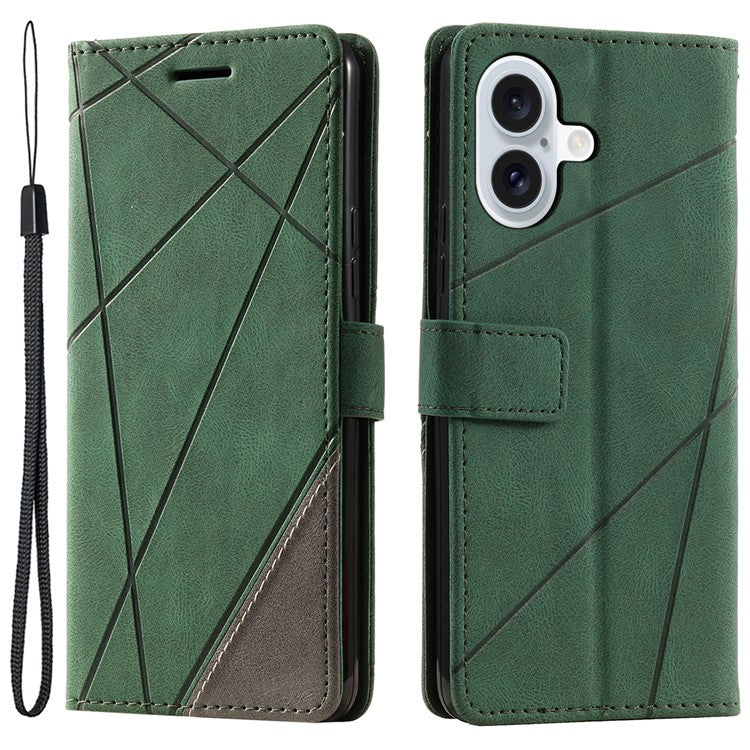 For iPhone 16 Case Imprinted Lines PU Leather Wallet Splicing Phone Cover - Green