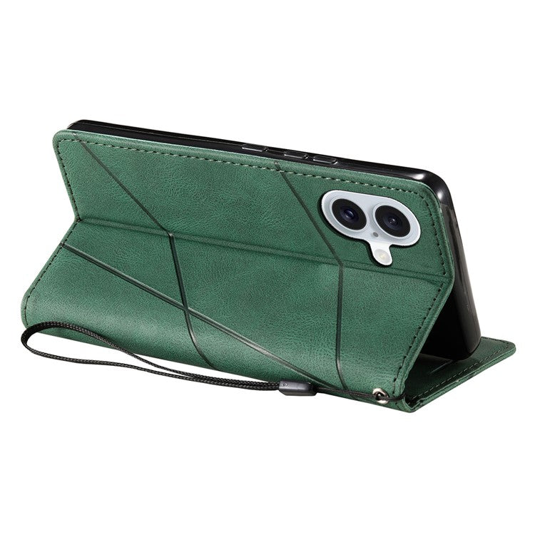 For iPhone 16 Case Imprinted Lines PU Leather Wallet Splicing Phone Cover - Green