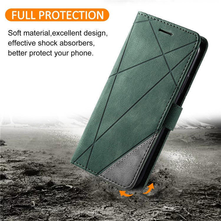 For iPhone 16 Case Imprinted Lines PU Leather Wallet Splicing Phone Cover - Green