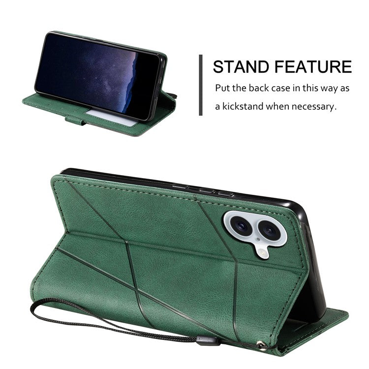 For iPhone 16 Case Imprinted Lines PU Leather Wallet Splicing Phone Cover - Green