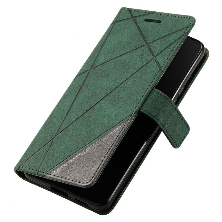 For iPhone 16 Case Imprinted Lines PU Leather Wallet Splicing Phone Cover - Green