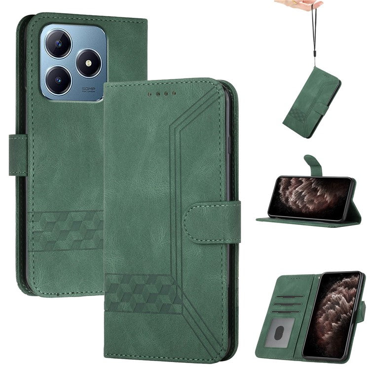 YX0010 Series for Realme C63 4G Wallet Case Rhombus Lines Leather Phone Cover - Blackish Green