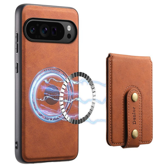 DENIOR D14 For Google Pixel 9 Pro / Pixel 9 Magnetic Case 2 in 1 Detachable Card Holder PC+TPU Phone Cover - Brown