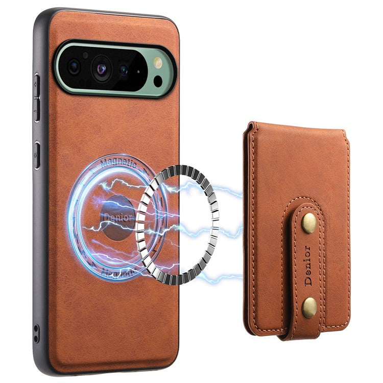 DENIOR D14 For Google Pixel 9 / 9 Pro Case Compatible with MagSafe Kickstand Card Slots Phone Cover - Brown