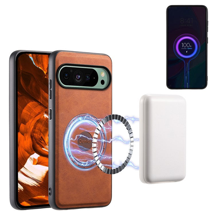 DENIOR D14 For Google Pixel 9 / 9 Pro Case Compatible with MagSafe Kickstand Card Slots Phone Cover - Brown
