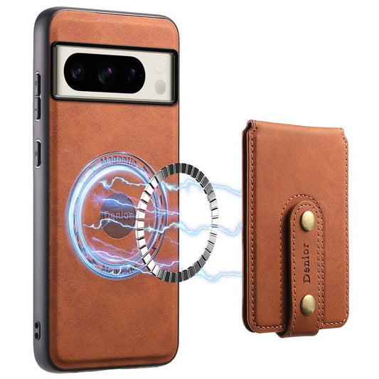 DENIOR D14 For Google Pixel 8 Pro Magnetic Case Card Bag Hybrid PC+TPU Phone Cover - Brown