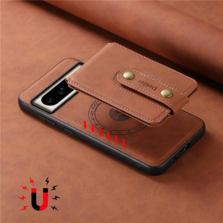 DENIOR D14 For Google Pixel 8 Pro Magnetic Case Card Bag Hybrid PC+TPU Phone Cover - Brown