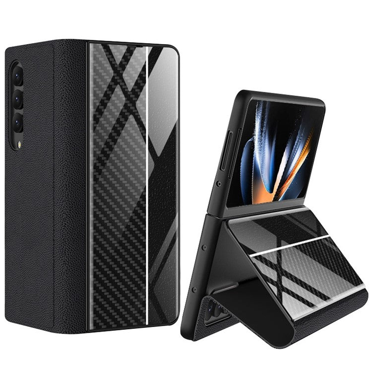 GKK For Samsung Galaxy Z Fold4 5G Stand Phone Case Splicing Tempered Glass + PU Leather + PC Folio Flip Cover - Carbon Fiber / White