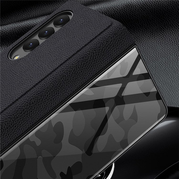 GKK For Samsung Galaxy Z Fold4 5G Stand Phone Case Splicing Tempered Glass + PU Leather + PC Folio Flip Cover - Carbon Fiber / White