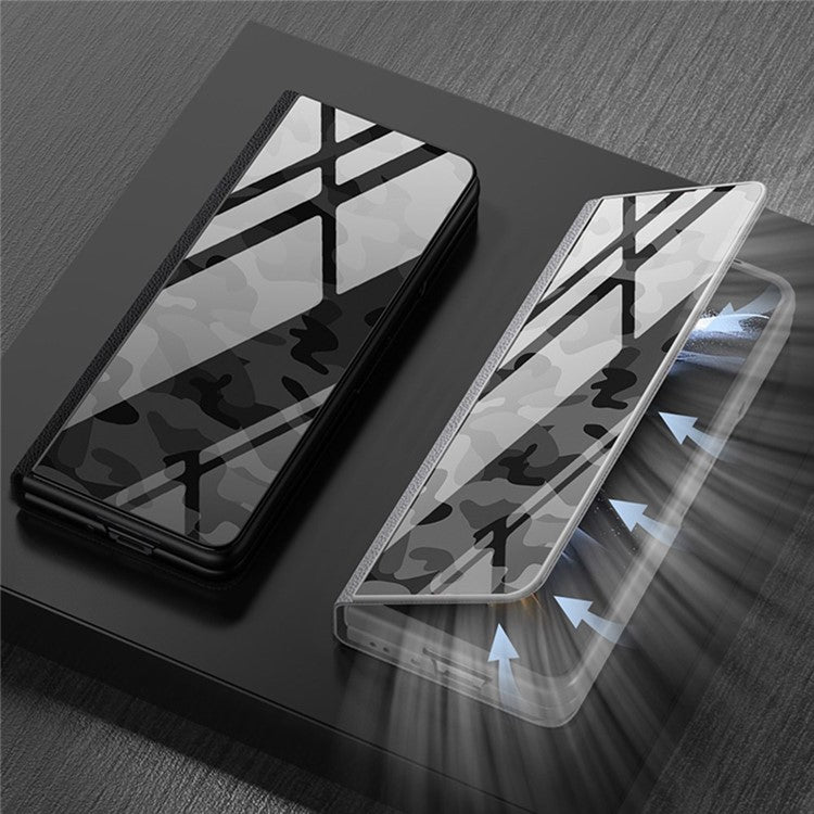 GKK For Samsung Galaxy Z Fold4 5G Stand Phone Case Splicing Tempered Glass + PU Leather + PC Folio Flip Cover - Carbon Fiber / White