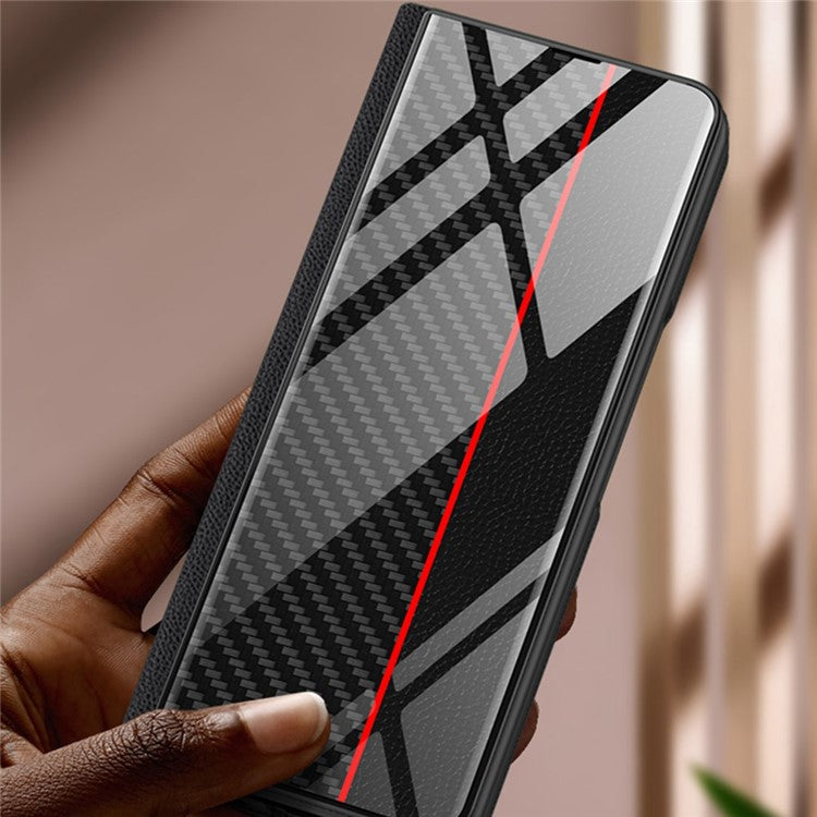 GKK For Samsung Galaxy Z Fold4 5G Stand Phone Case Splicing Tempered Glass + PU Leather + PC Folio Flip Cover - Carbon Fiber / White