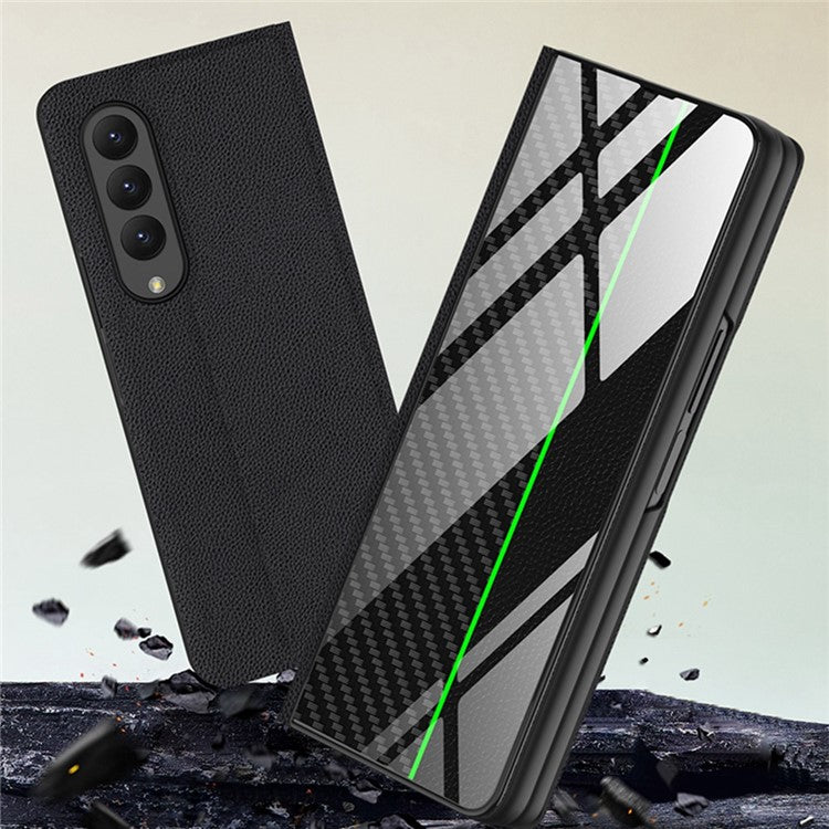 GKK For Samsung Galaxy Z Fold4 5G Stand Phone Case Splicing Tempered Glass + PU Leather + PC Folio Flip Cover - Carbon Fiber / White