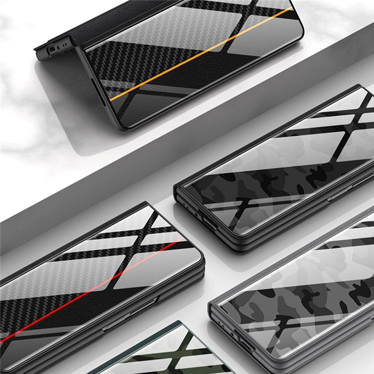 GKK For Samsung Galaxy Z Fold4 5G Stand Phone Case Splicing Tempered Glass + PU Leather + PC Folio Flip Cover - Carbon Fiber / White