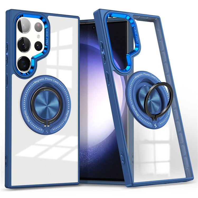 For Samsung Galaxy S23 Ultra Magnetic Case PC+TPU Clear Phone Cover with Ring Kickstand - Blue
