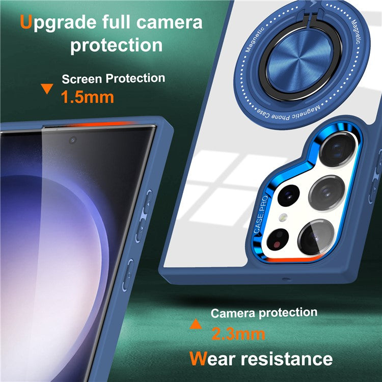 For Samsung Galaxy S23 Ultra Magnetic Case PC+TPU Clear Phone Cover with Ring Kickstand - Blue