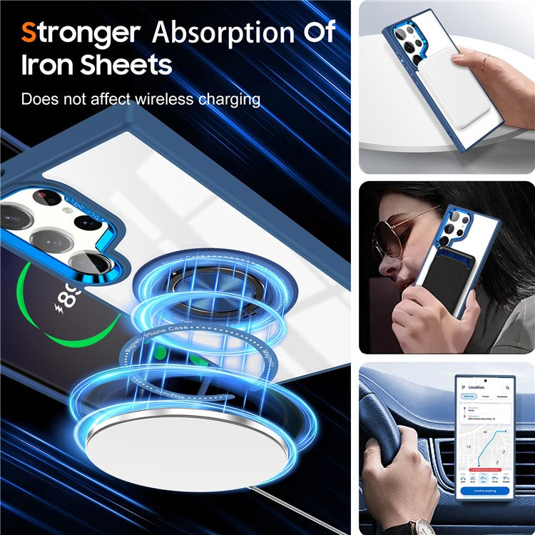 For Samsung Galaxy S23 Ultra Magnetic Case PC+TPU Clear Phone Cover with Ring Kickstand - Blue