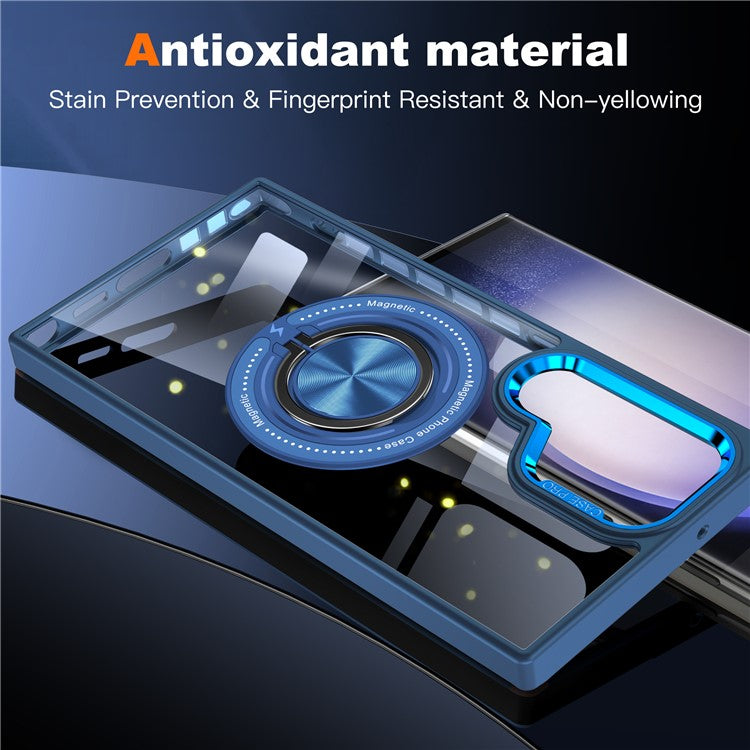 For Samsung Galaxy S23 Ultra Magnetic Case PC+TPU Clear Phone Cover with Ring Kickstand - Blue