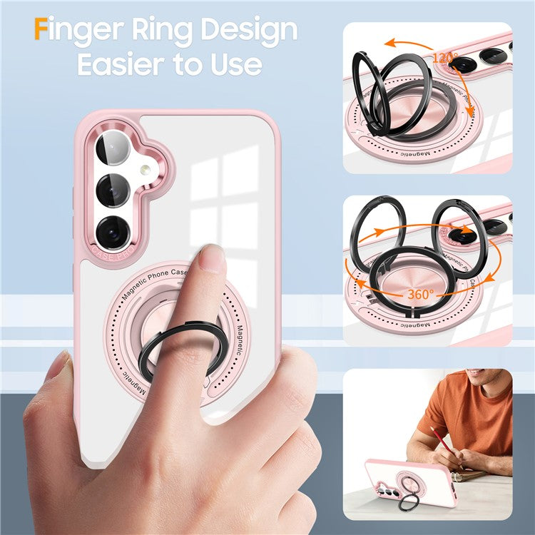 For Samsung Galaxy S25 / S24 Magnetic Case Ring Kickstand PC+TPU Anti-Drop Phone Cover - Pink