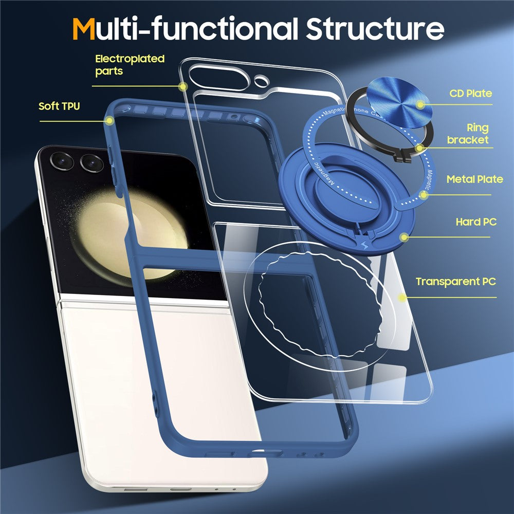 For Samsung Galaxy Z Flip7 FE 5G / Z Flip6 5G Magnetic Case TPU Frame Clear PC Back Kickstand Phone Cover - Blue