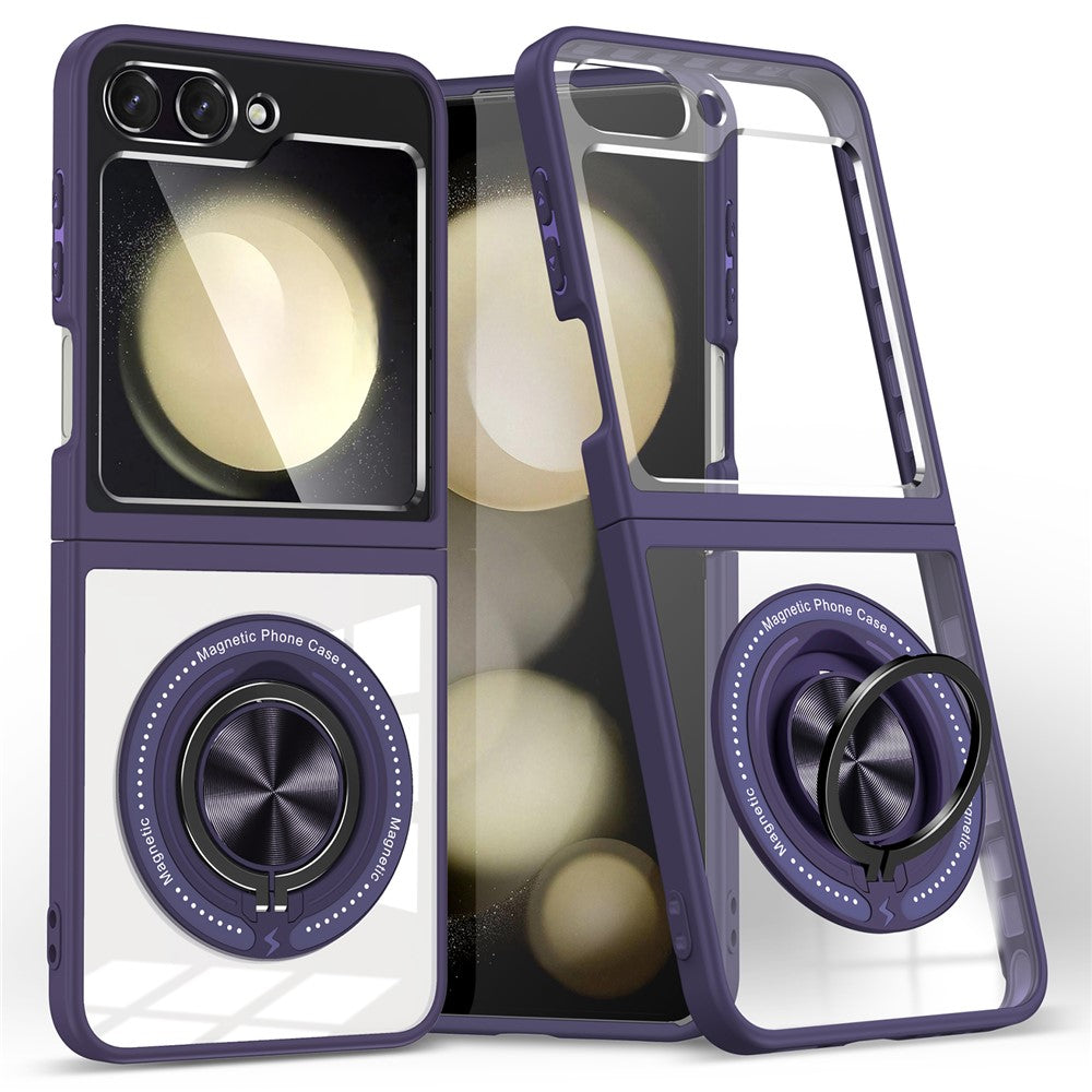 For Samsung Galaxy Z Flip7 FE 5G / Z Flip6 5G Magnetic Case TPU Frame Clear PC Back Kickstand Phone Cover - Dark Purple