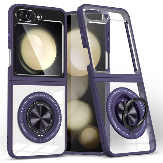 For Samsung Galaxy Z Flip7 FE 5G / Z Flip6 5G Magnetic Case TPU Frame Clear PC Back Kickstand Phone Cover - Dark Purple