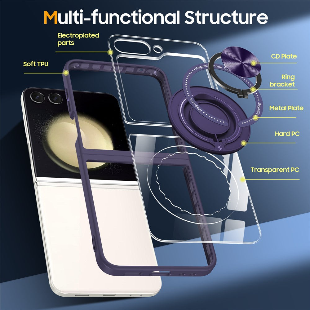 For Samsung Galaxy Z Flip7 FE 5G / Z Flip6 5G Magnetic Case TPU Frame Clear PC Back Kickstand Phone Cover - Dark Purple