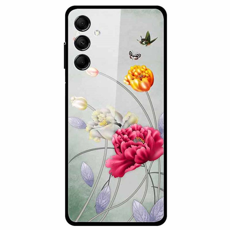 For Samsung Galaxy M14 5G Cell Phone Case Pattern Print Tempered Glass+TPU Cover - Butterfly and Flower