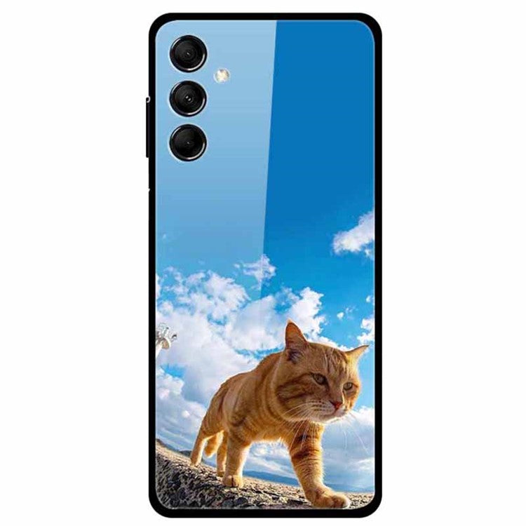 For Samsung Galaxy M14 5G Case Pattern Print Tempered Glass+TPU Anti-scratch Phone Cover - Blue Sky Yellow Cat
