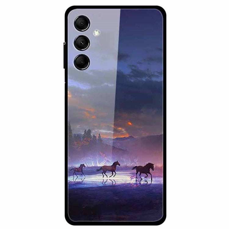 For Samsung Galaxy M14 5G Case Pattern Print Tempered Glass+TPU Anti-scratch Phone Cover - Three Horses