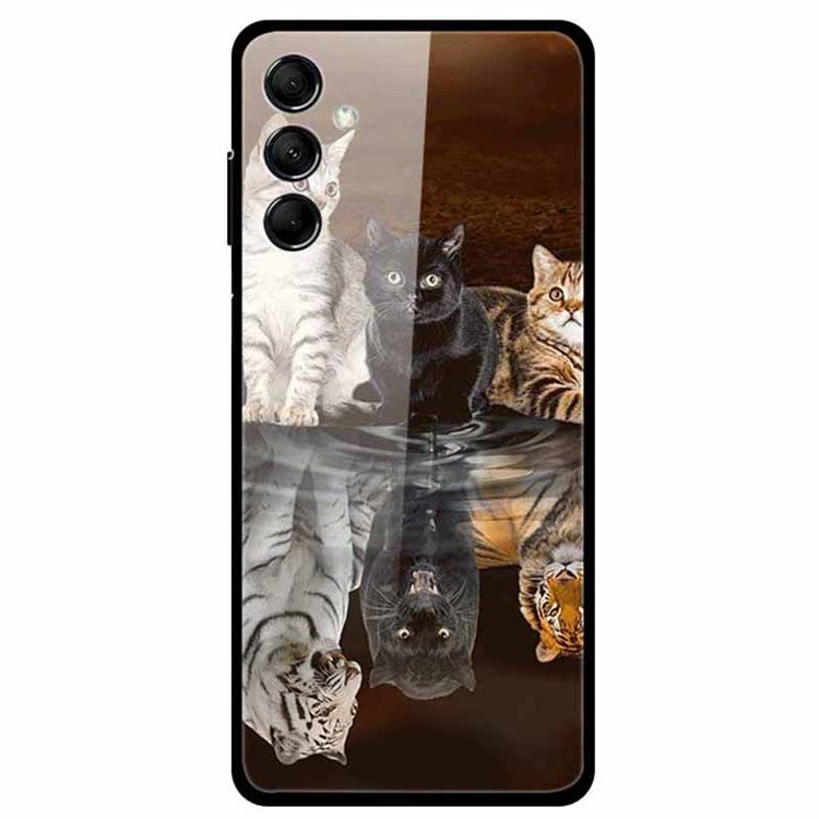 For Samsung Galaxy M14 5G Case Pattern Print Tempered Glass+TPU Anti-scratch Phone Cover - Cat and Tiger