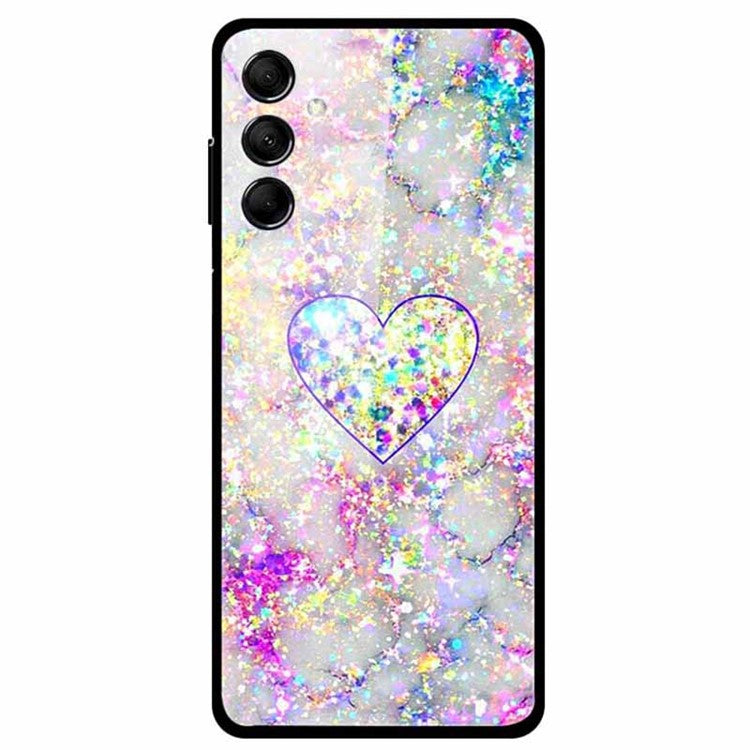 For Samsung Galaxy M14 5G Case Pattern Print Tempered Glass+TPU Anti-scratch Phone Cover - Glittering Heart