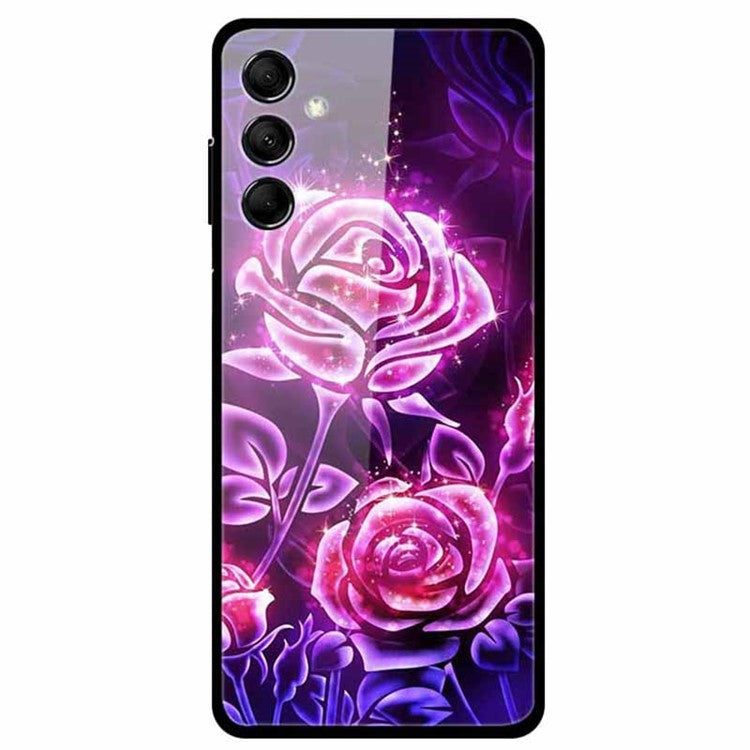 For Samsung Galaxy M14 5G Case Pattern Print Tempered Glass+TPU Anti-scratch Phone Cover - Glittering Purple Rose