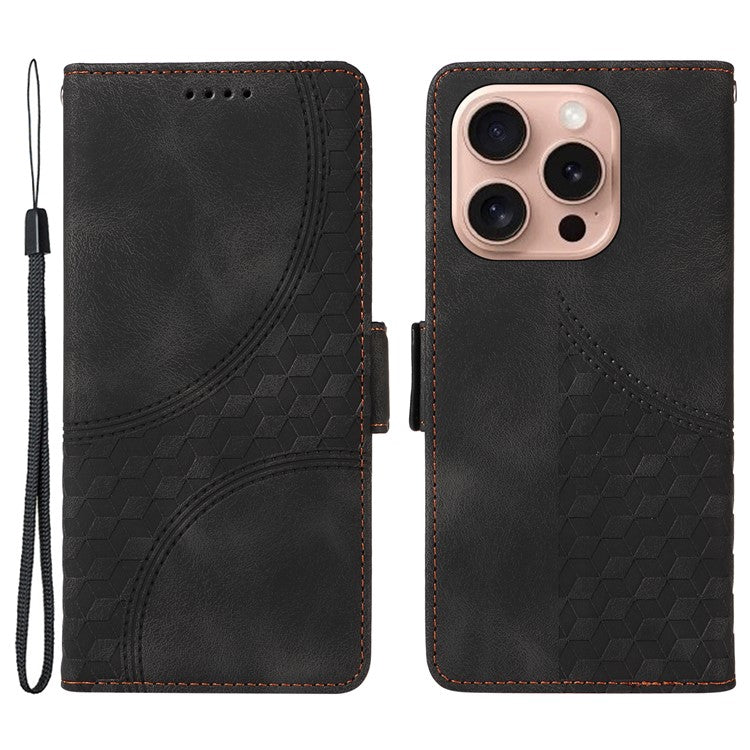 For iPhone 16 Pro Case Rhombus Starry Leather Wallet Flip Phone Cover - Black