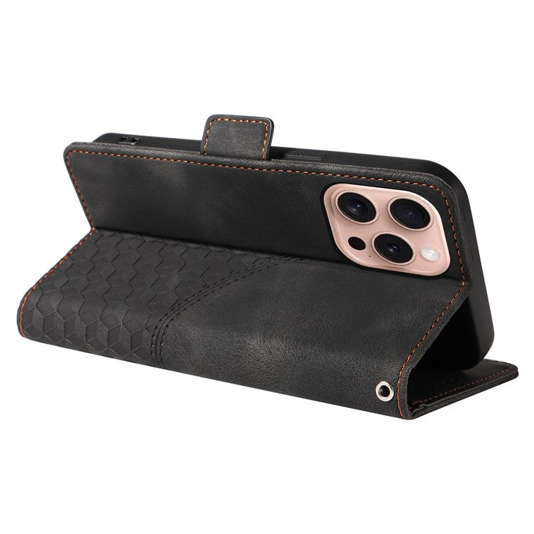 For iPhone 16 Pro Case Rhombus Starry Leather Wallet Flip Phone Cover - Black